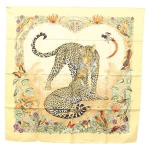 HERMES Carre 90 Scarf ""JUNGLE LOVE"" Silk Beige Auth 123050